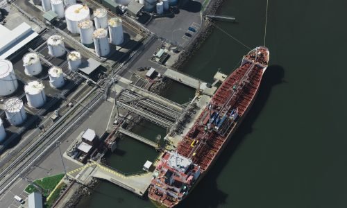 Aerial view of cargo ship, Port Melbourne, Melbourne, Victoria, Australia